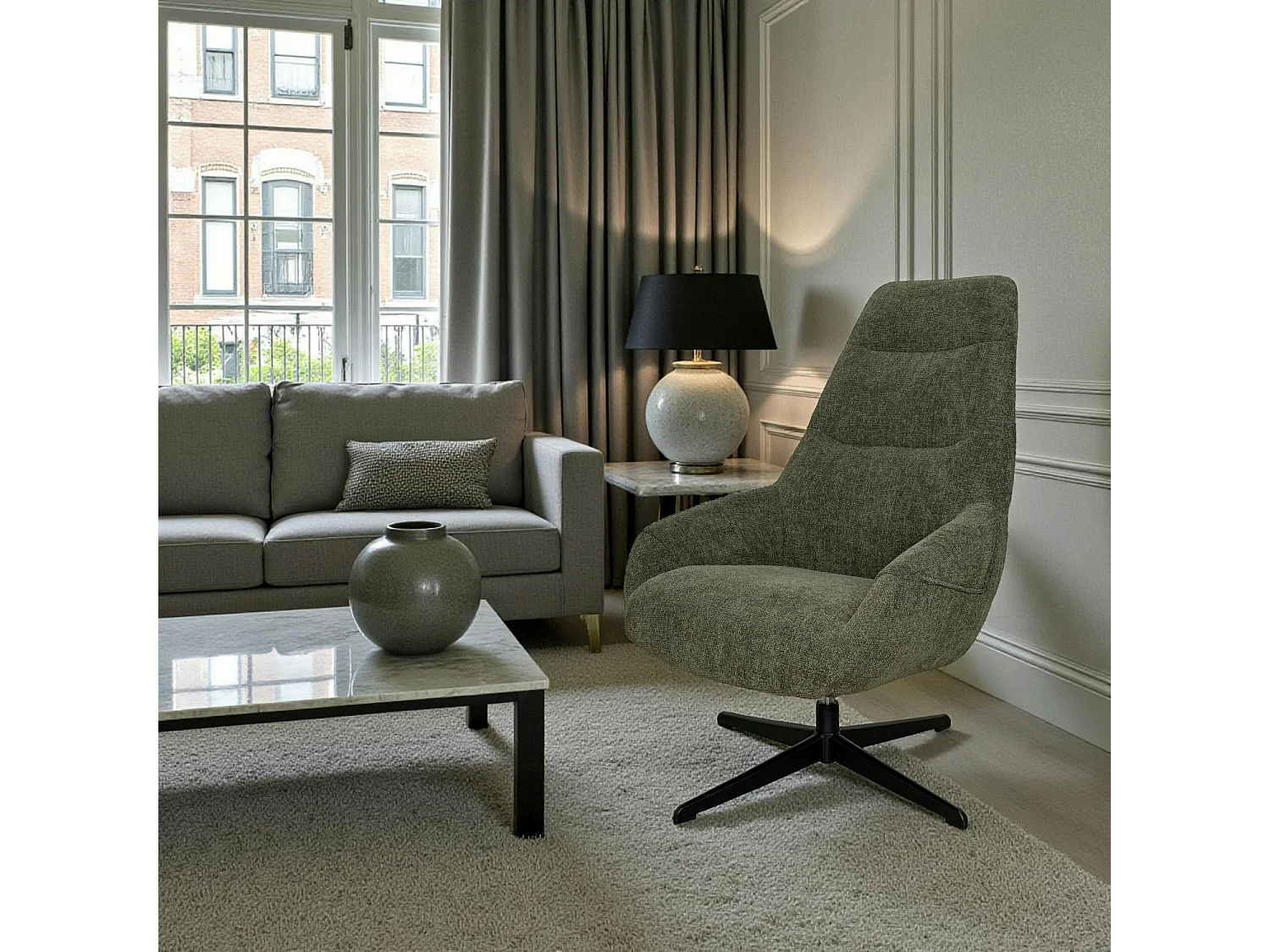 Fauteuil relax pivotant tissu vert kaki IENA