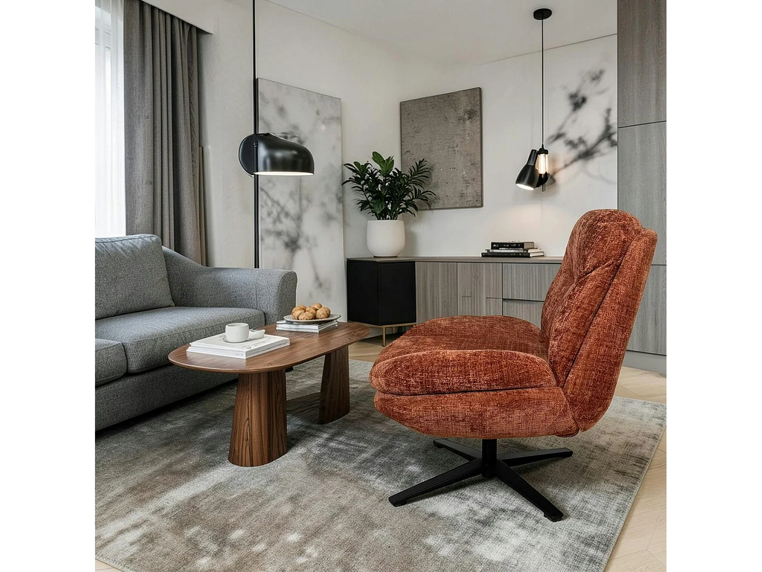 Fauteuil confort pivotant tissu doux terracotta IENA
