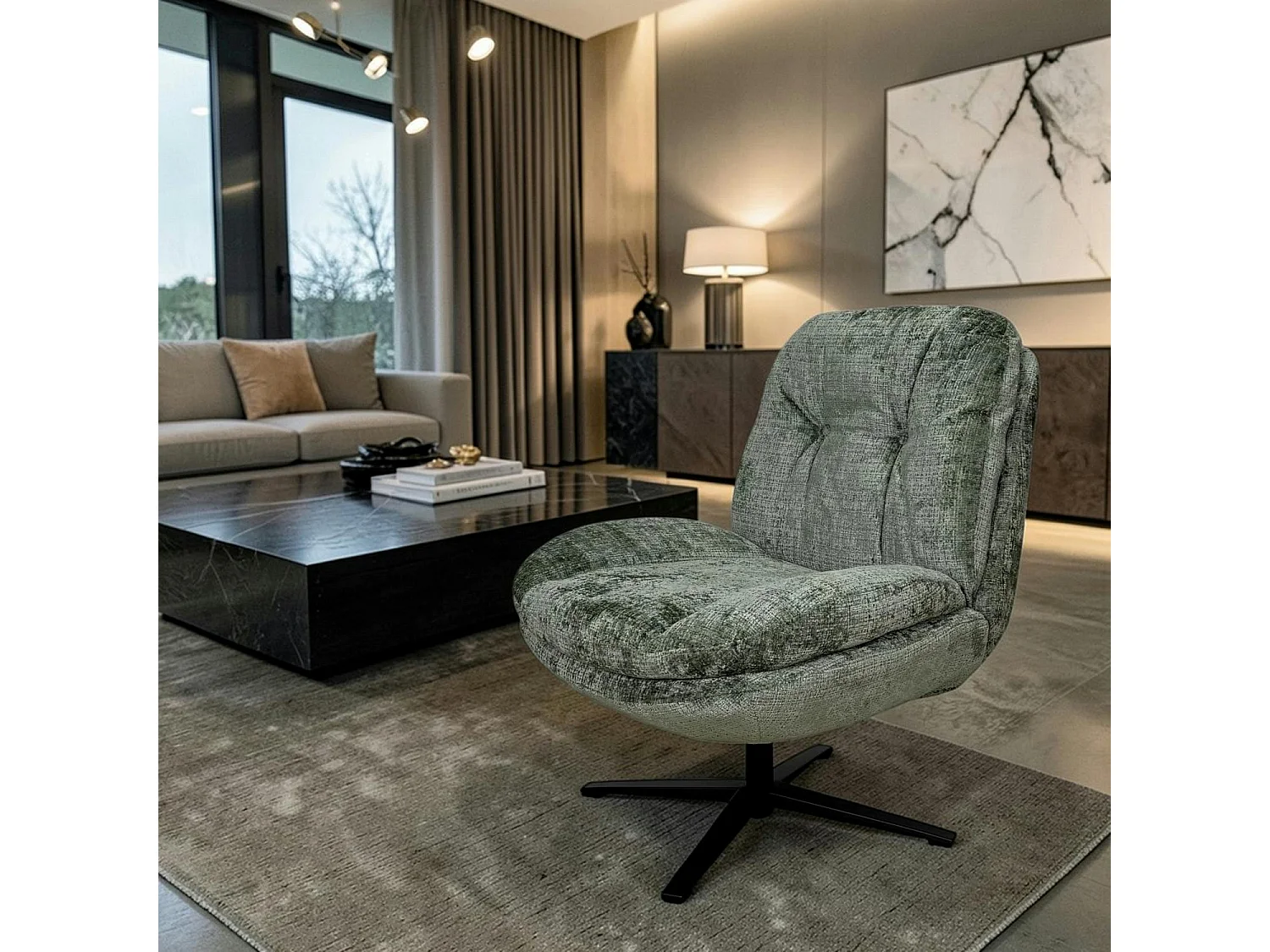 Fauteuil confort pivotant tissu doux vert IENA