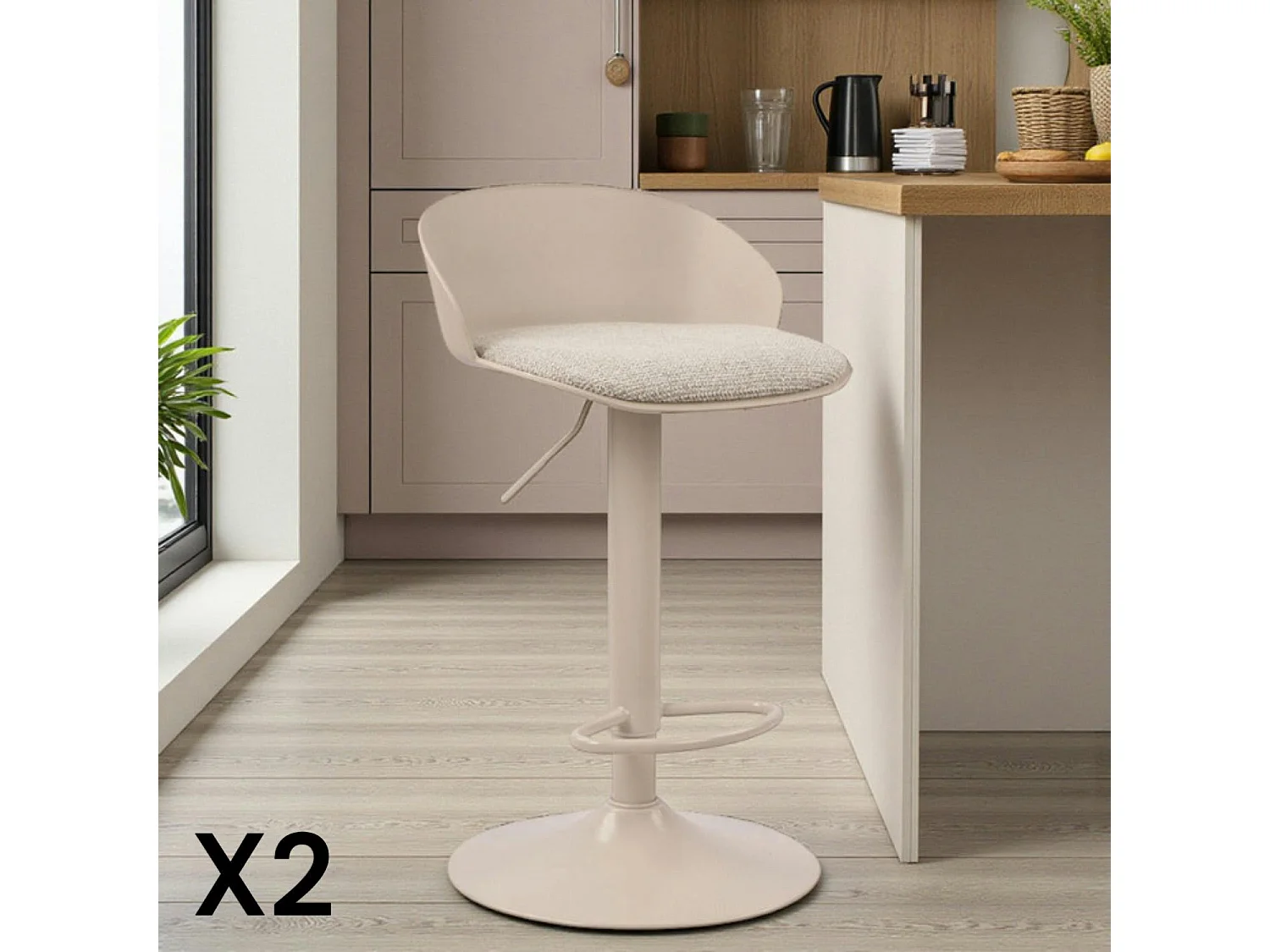 Tabouret de bar réglable métal et tissu beige (lot de 2) LEEDS