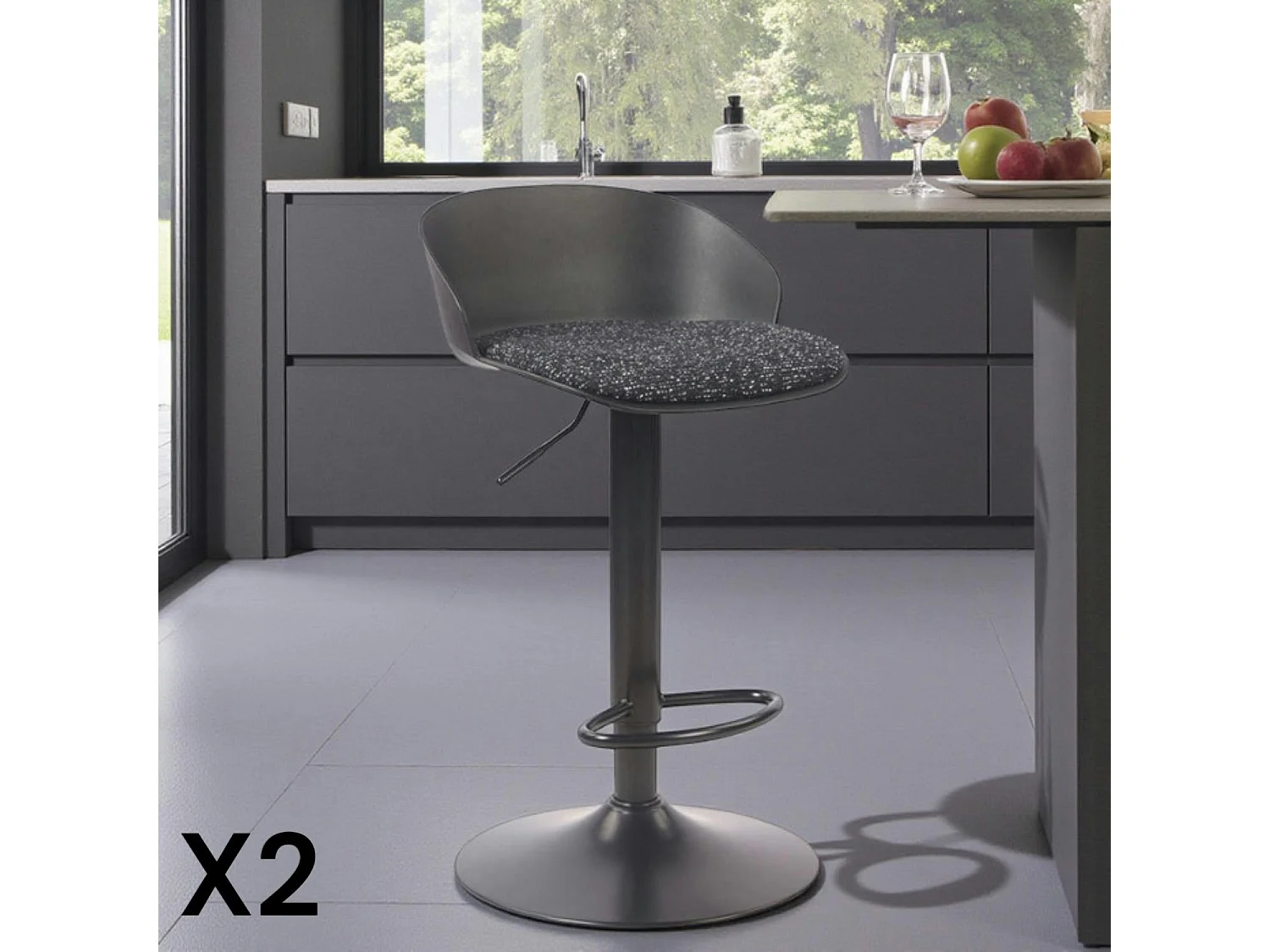 Tabouret de bar réglable métal et tissu noir (lot de 2) LEEDS