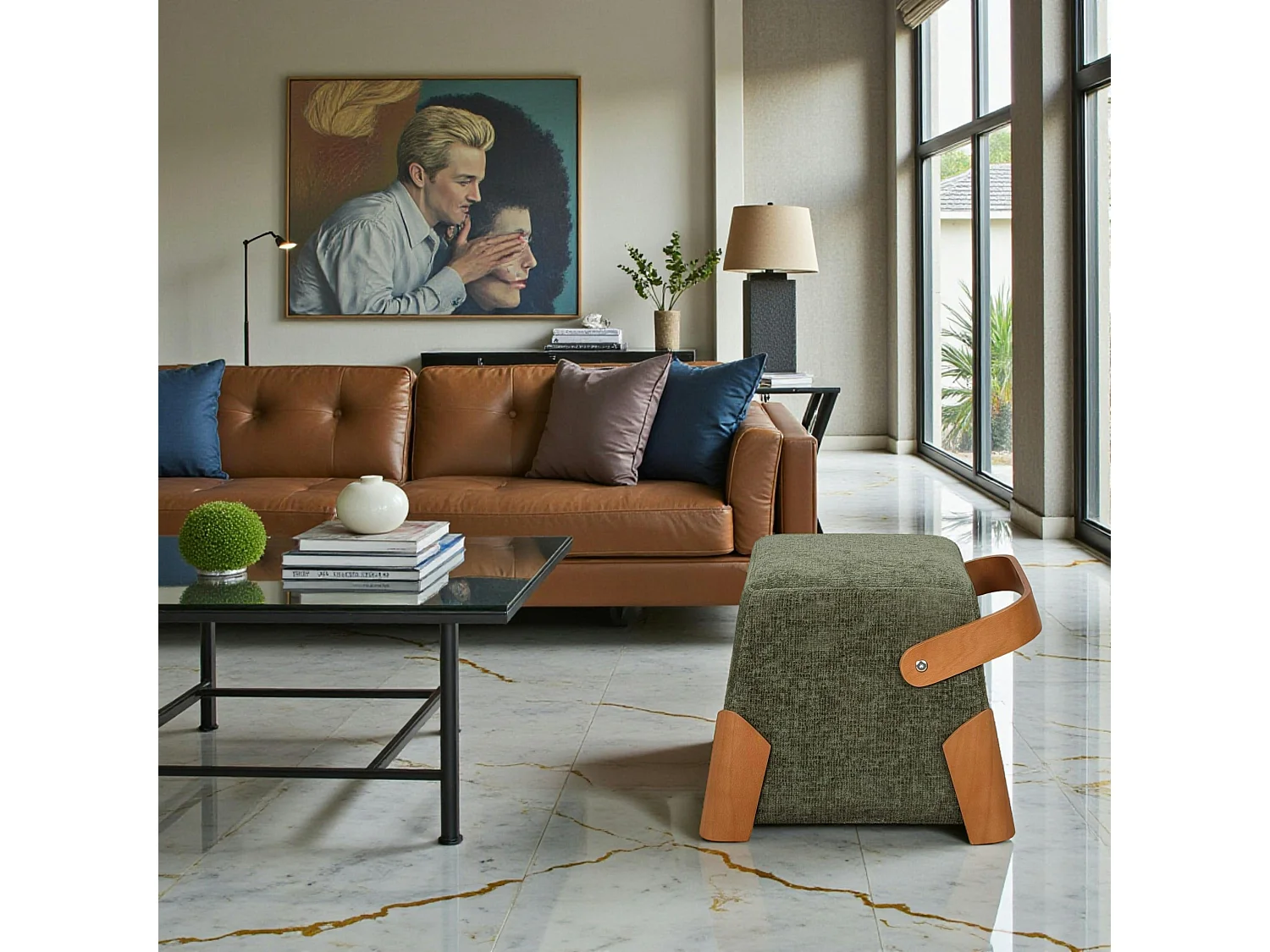 Pouf design kaki avec poignée en bois IENA