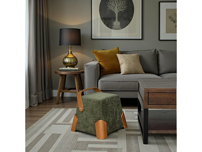 Pouf design kaki avec poignée en bois IENA