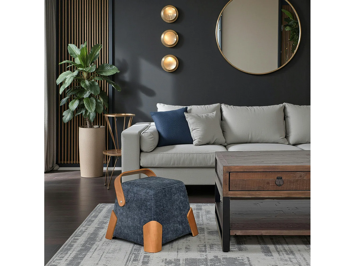 Pouf design bleu avec poignée en bois IENA