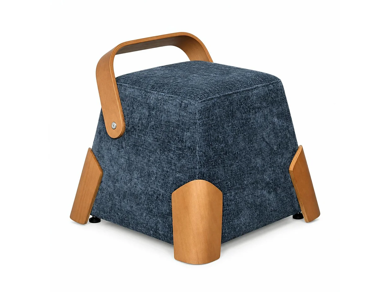 Pouf design bleu avec poignée en bois IENA