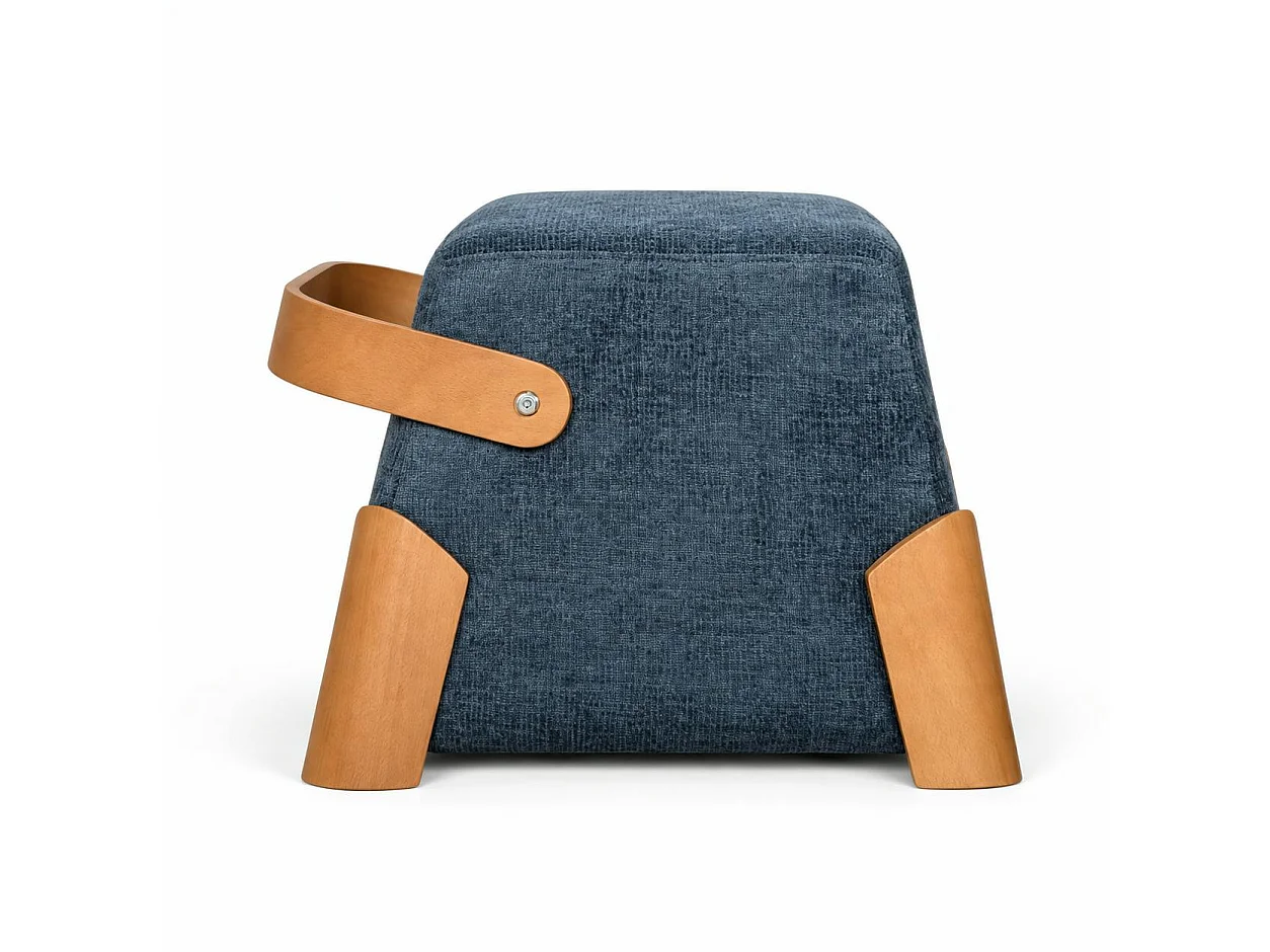 Pouf design bleu avec poignée en bois IENA