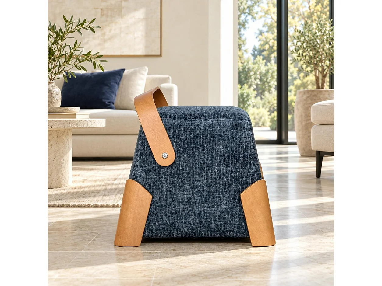 Pouf design bleu avec poignée en bois IENA