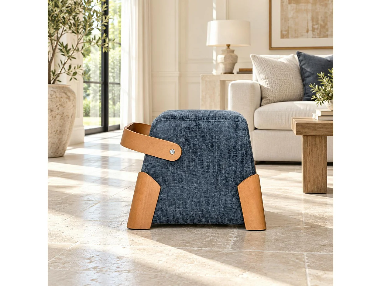 Pouf design bleu avec poignée en bois IENA