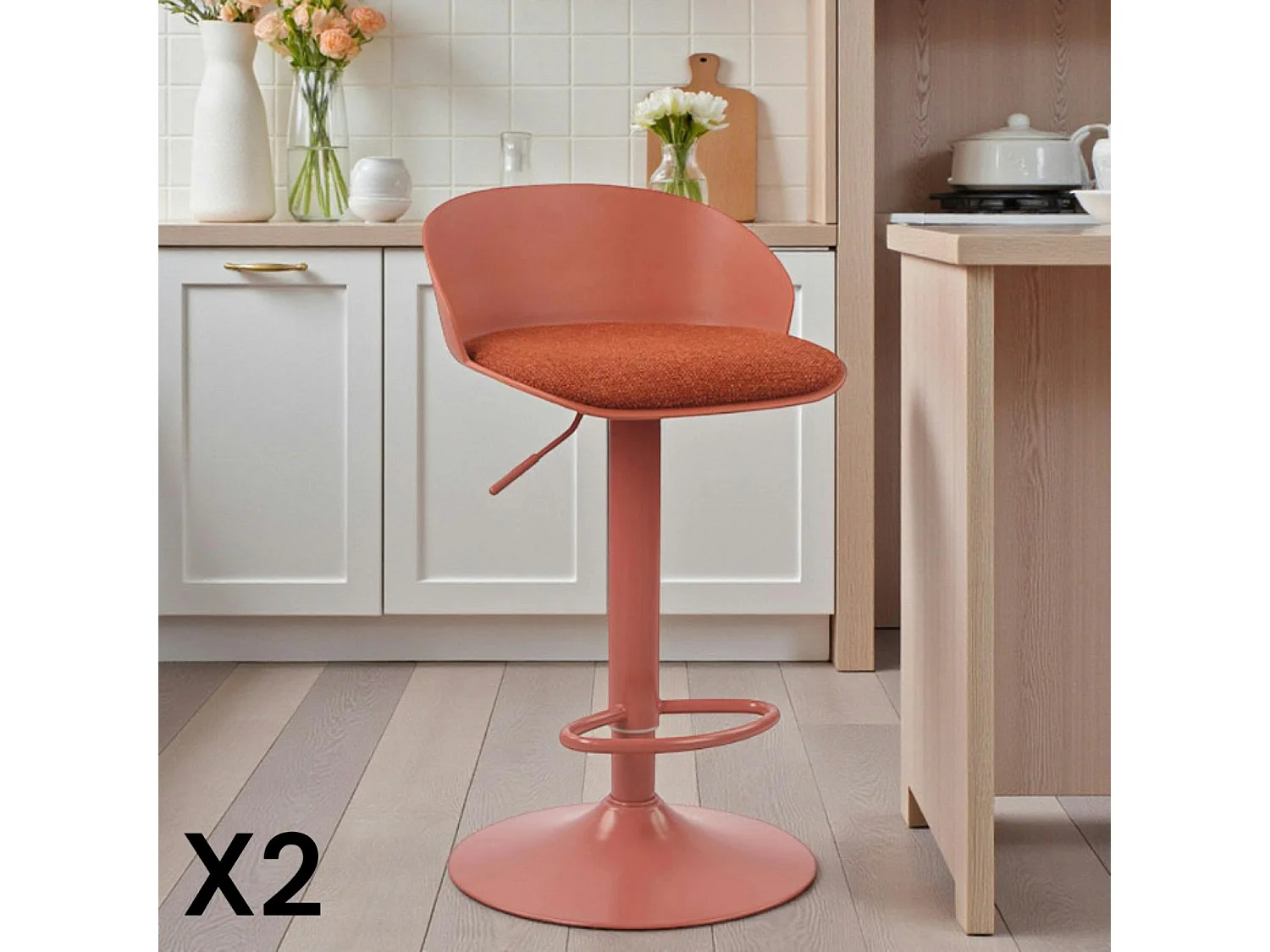 Tabouret de bar réglable métal et tissu terracotta (lot de 2) LEEDS