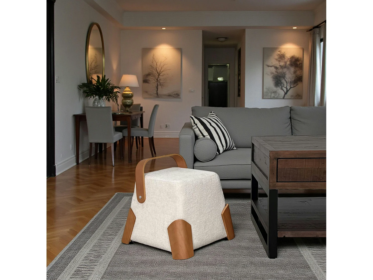 Pouf design blanc avec poignée en bois IENA