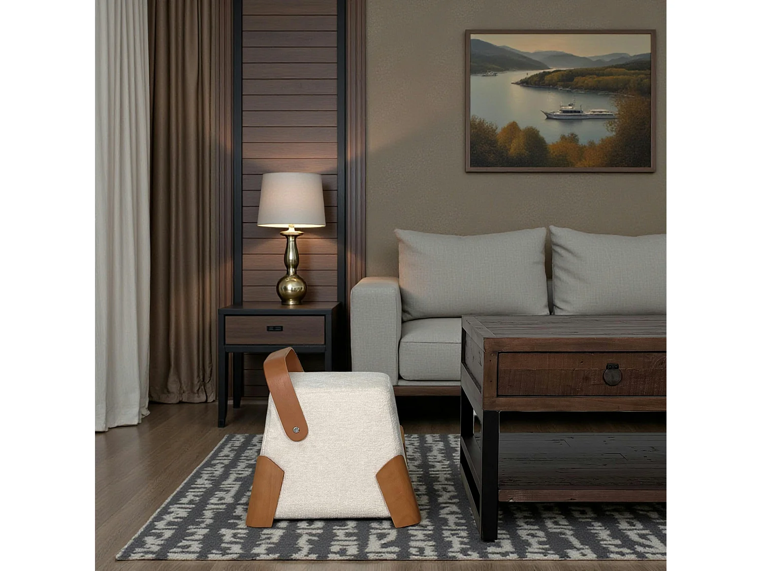 Pouf design blanc avec poignée en bois IENA