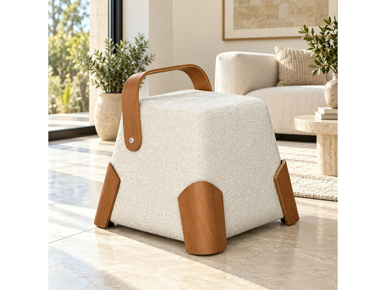 Pouf design blanc avec poignée en bois IENA
