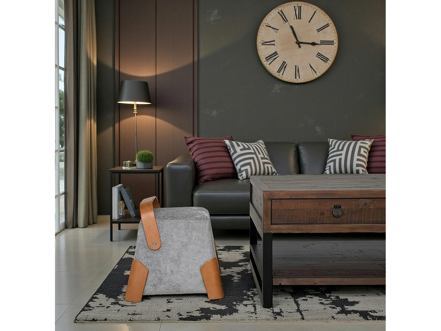 Pouf design gris avec poignée en bois IENA