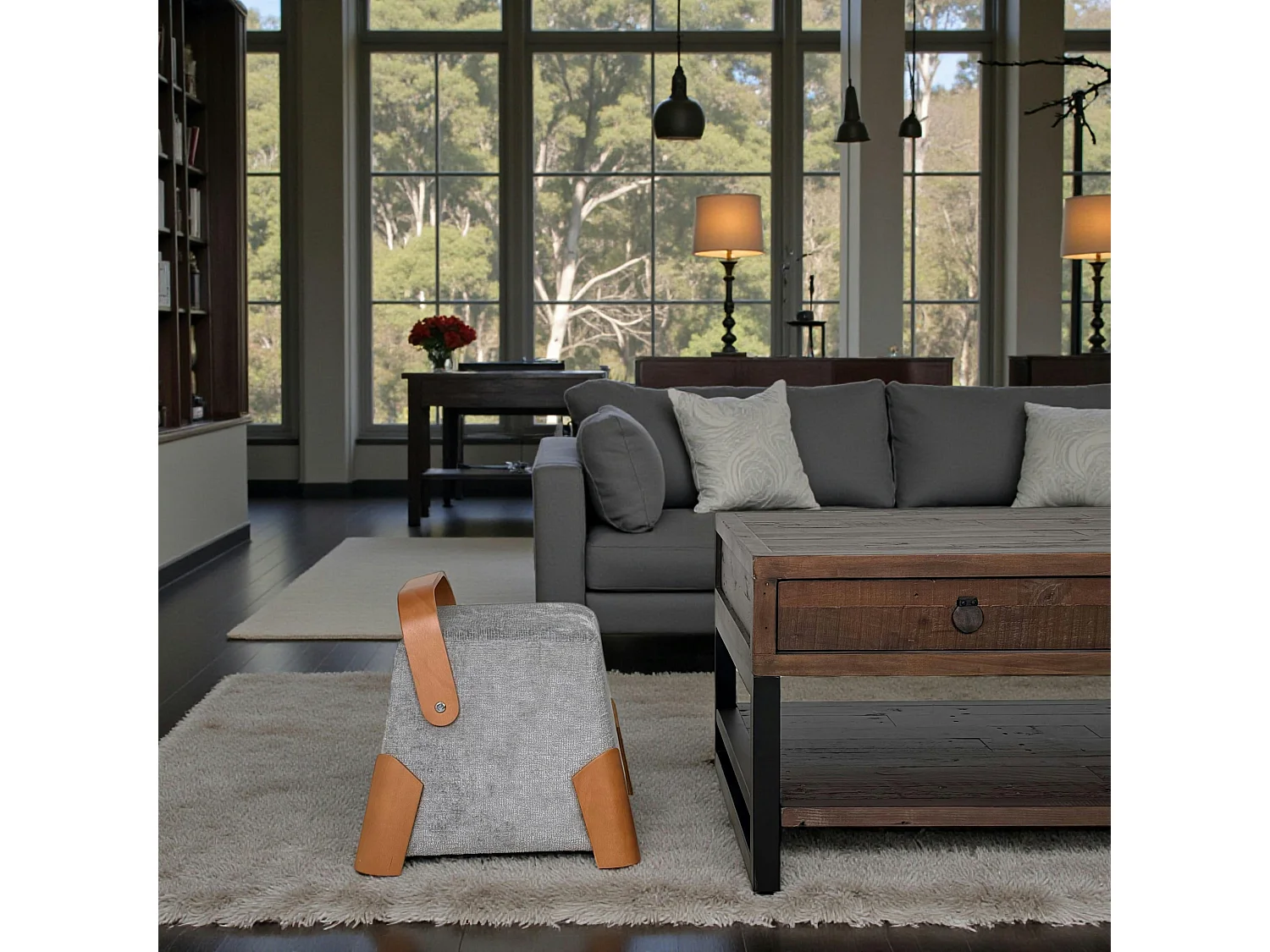 Pouf design gris avec poignée en bois IENA