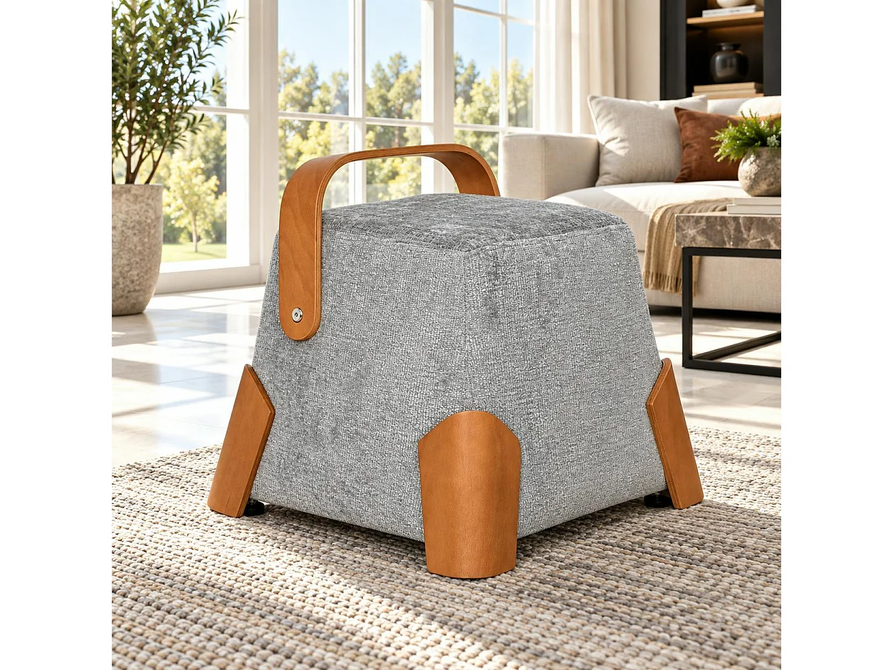 Pouf design gris avec poignée en bois IENA