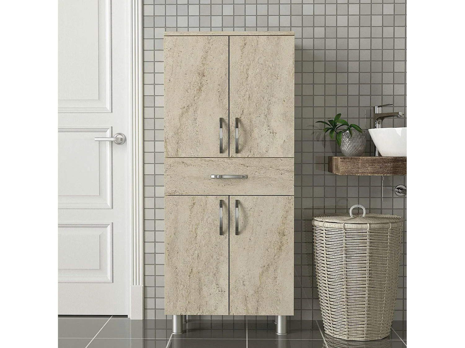 Meuble salle de bains effet travertin, 4 portes 1 tiroir JENA