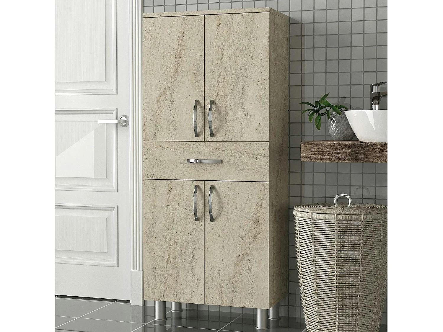 Meuble salle de bains effet travertin, 4 portes 1 tiroir JENA