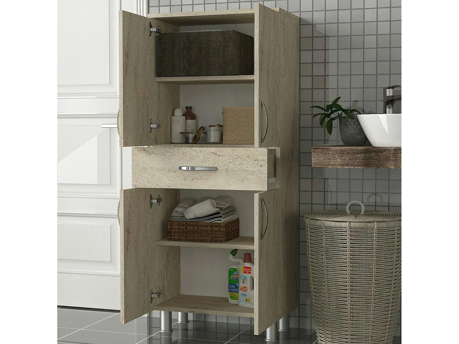 Meuble salle de bains effet travertin, 4 portes 1 tiroir JENA