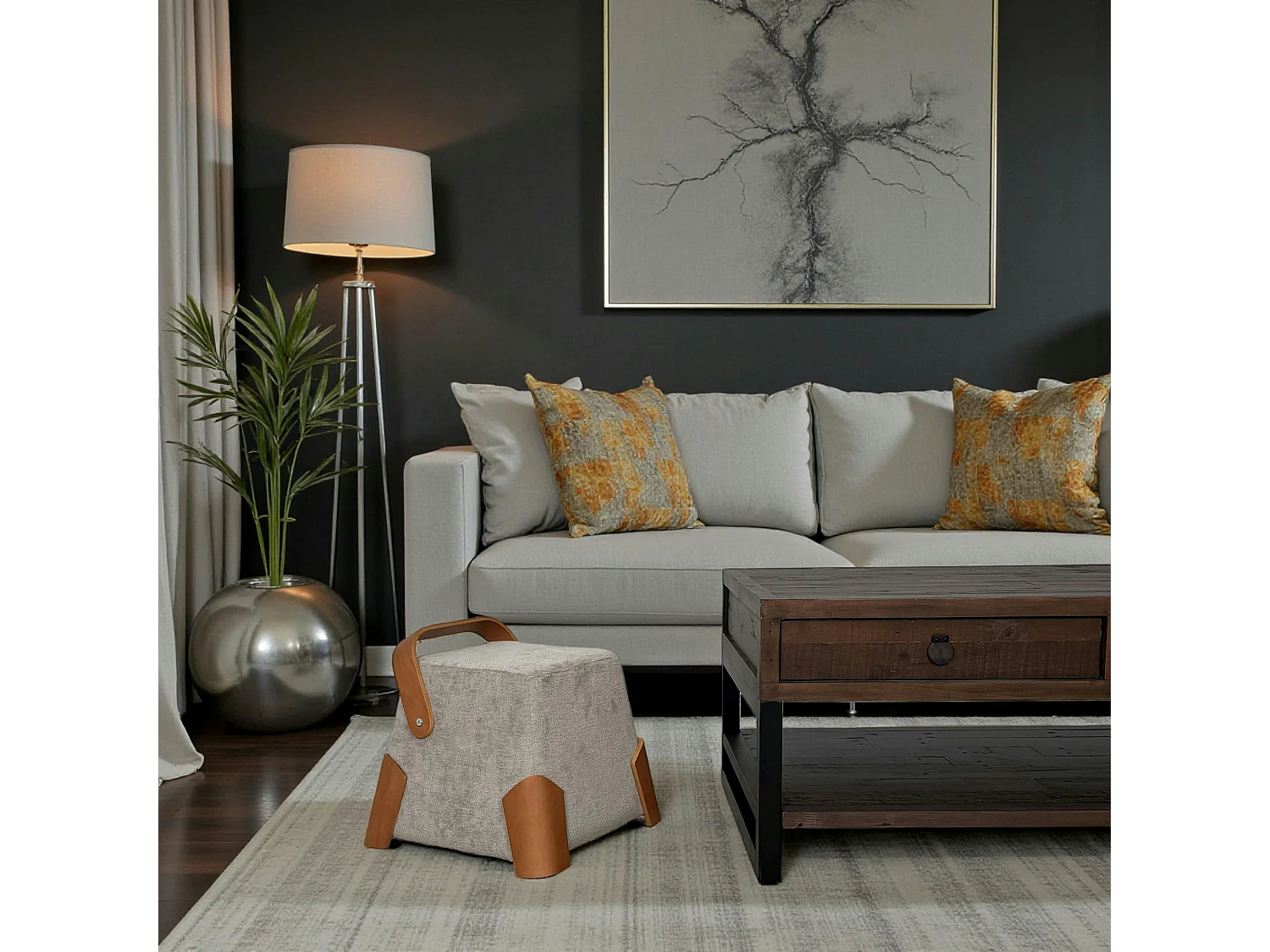 Pouf design cendre avec poignée en bois IENA