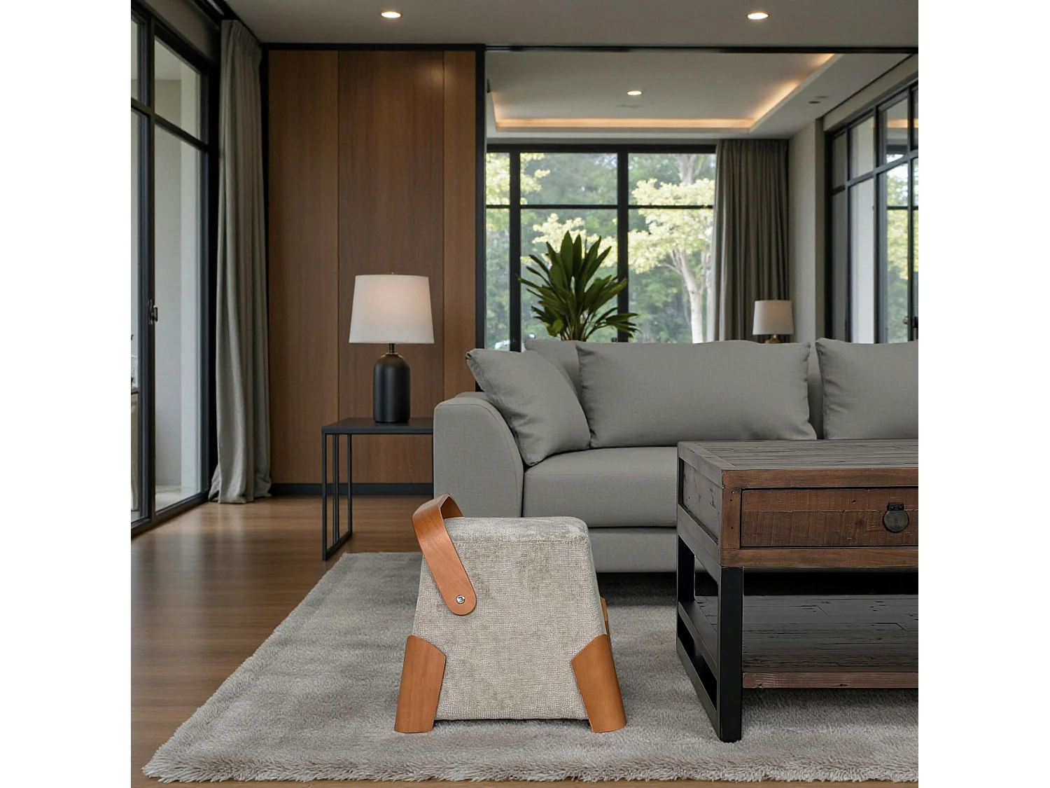 Pouf design cendre avec poignée en bois IENA