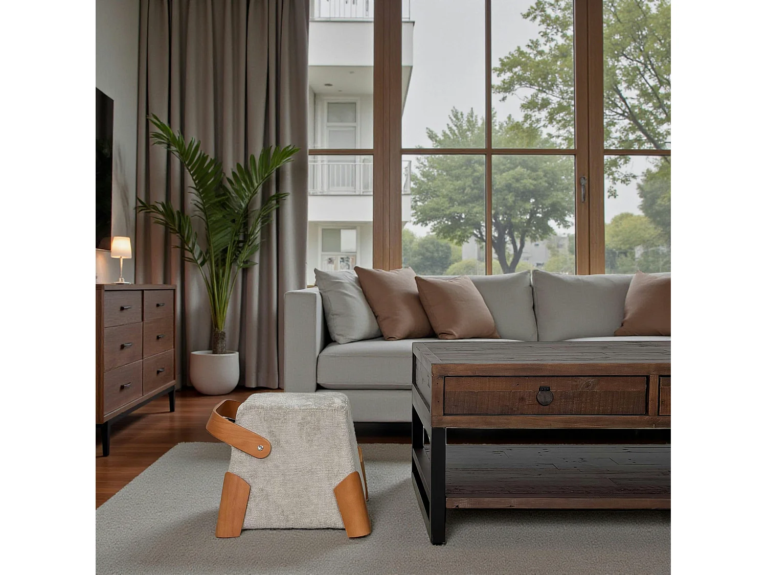 Pouf design cendre avec poignée en bois IENA