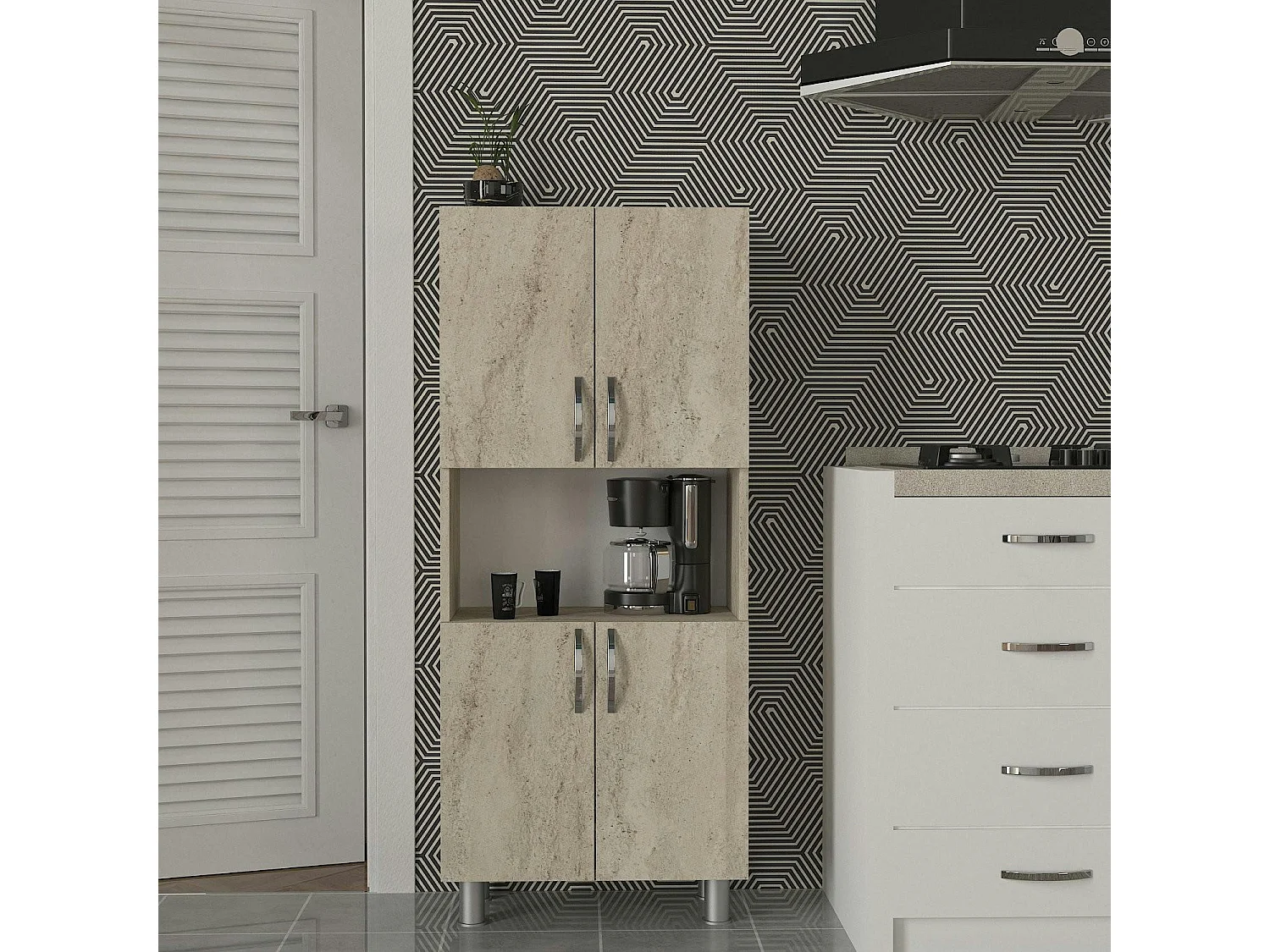 Meuble salle de bains effet travertin, 4 portes 1 niche JENA