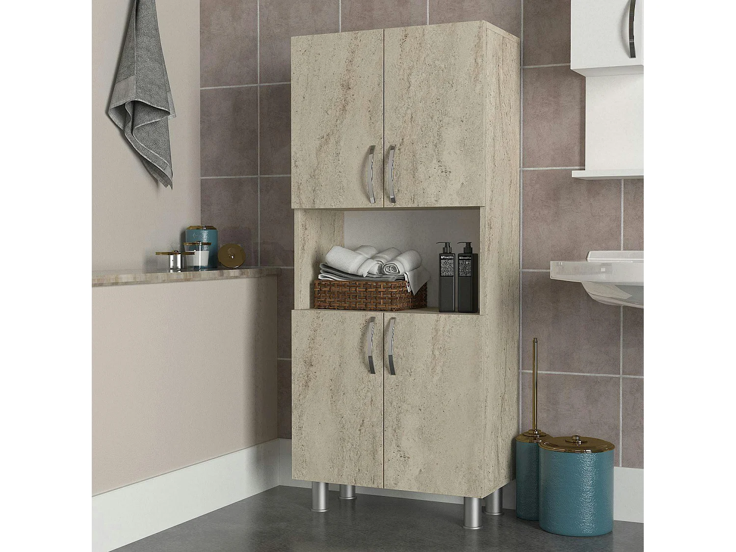 Meuble salle de bains effet travertin, 4 portes 1 niche JENA