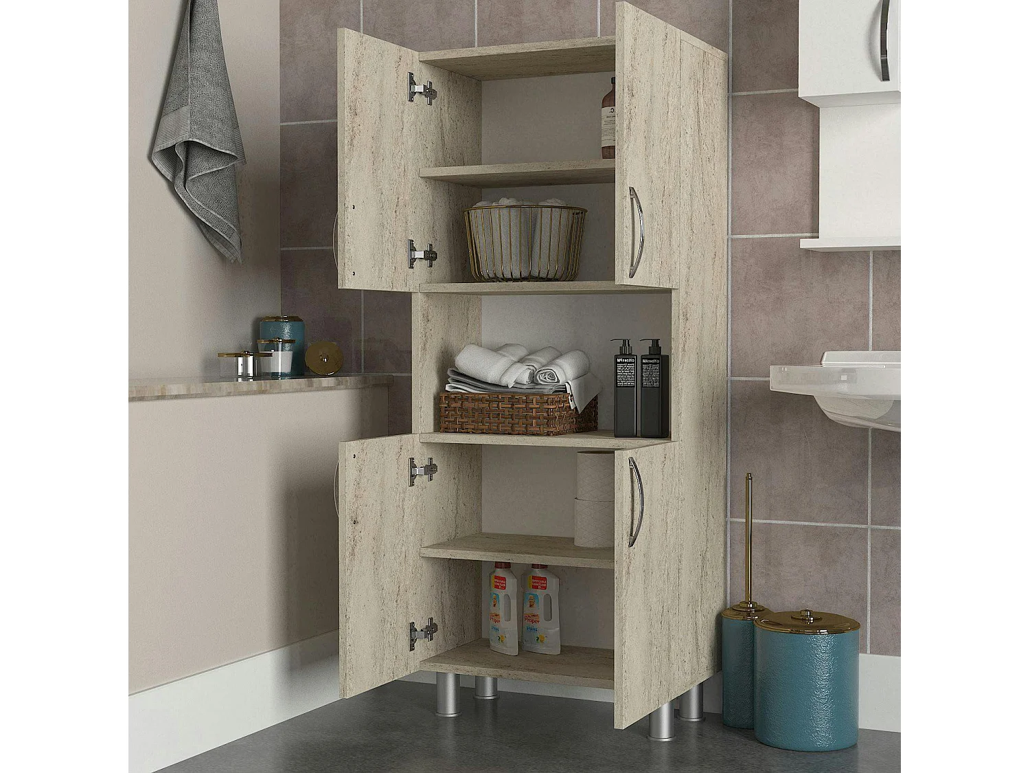 Meuble salle de bains effet travertin, 4 portes 1 niche JENA