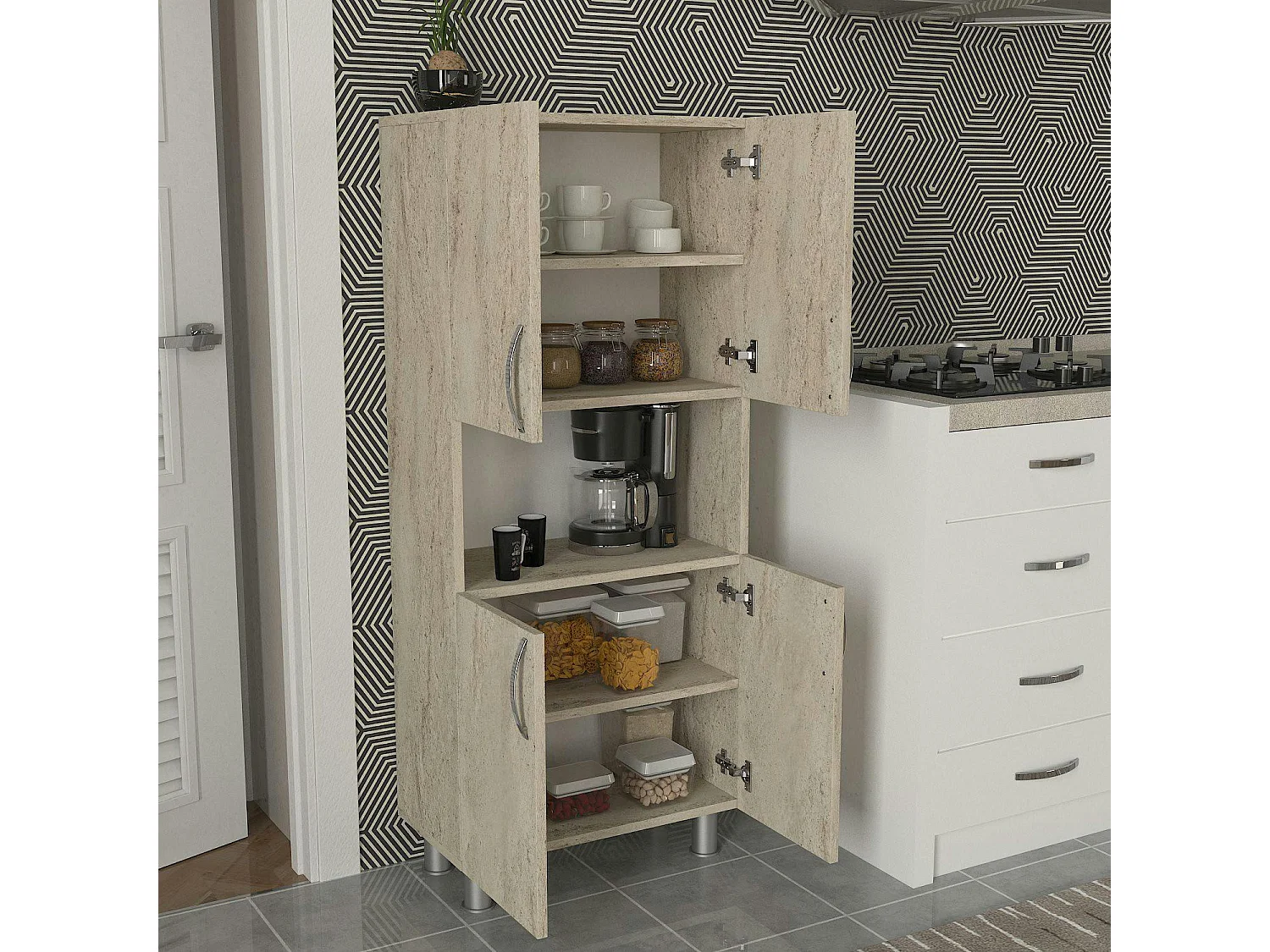 Meuble salle de bains effet travertin, 4 portes 1 niche JENA