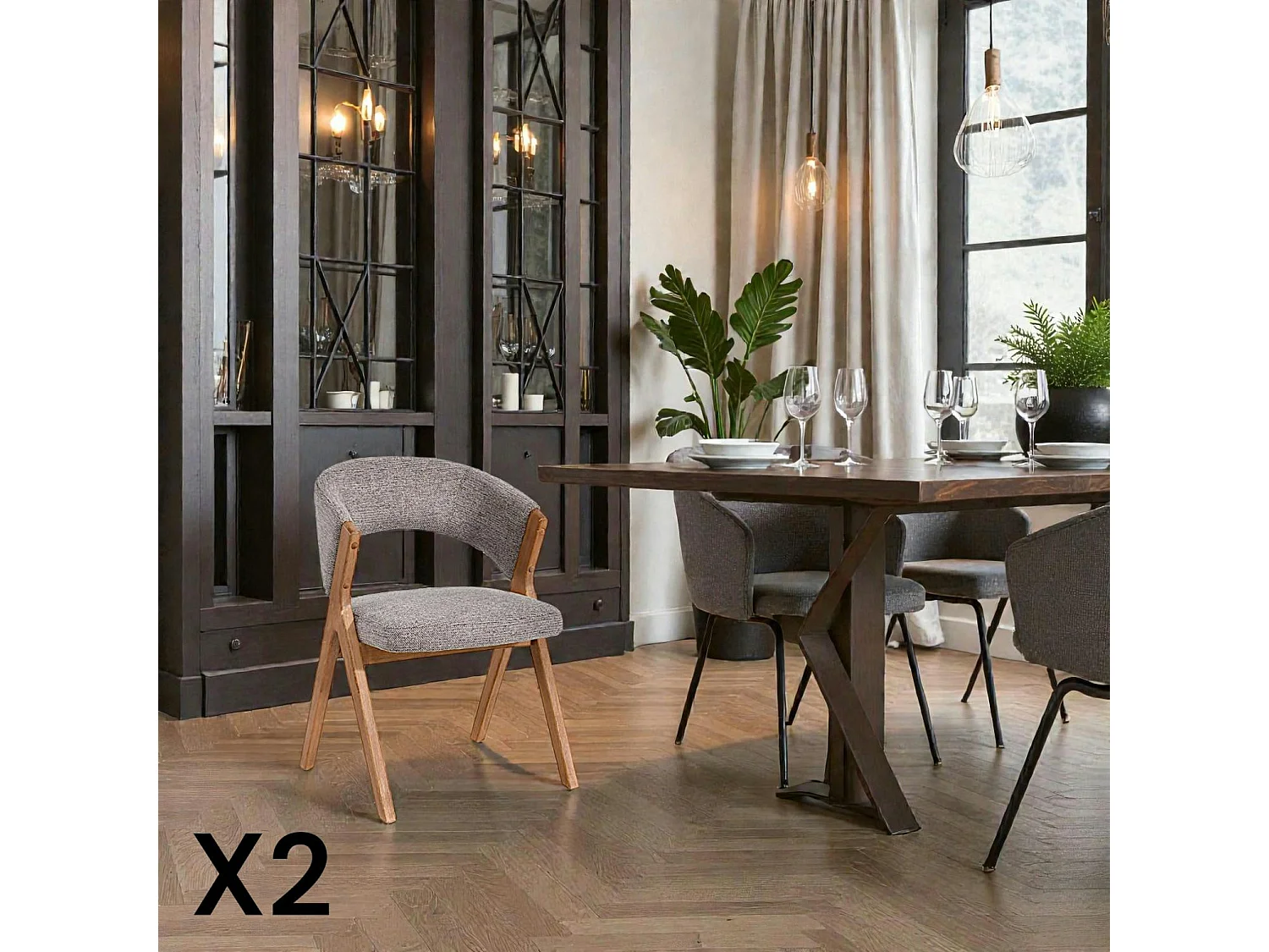 Chaise taupe bois et tissu, forme ronde (lot de 2) AGADE