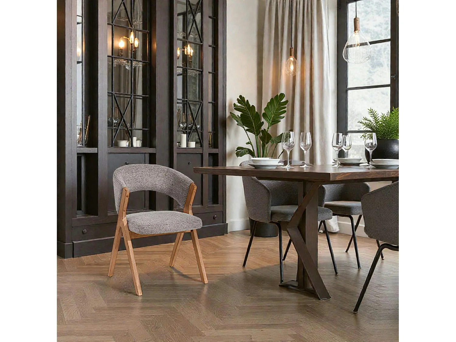 Chaise taupe bois et tissu, forme ronde (lot de 2) AGADE