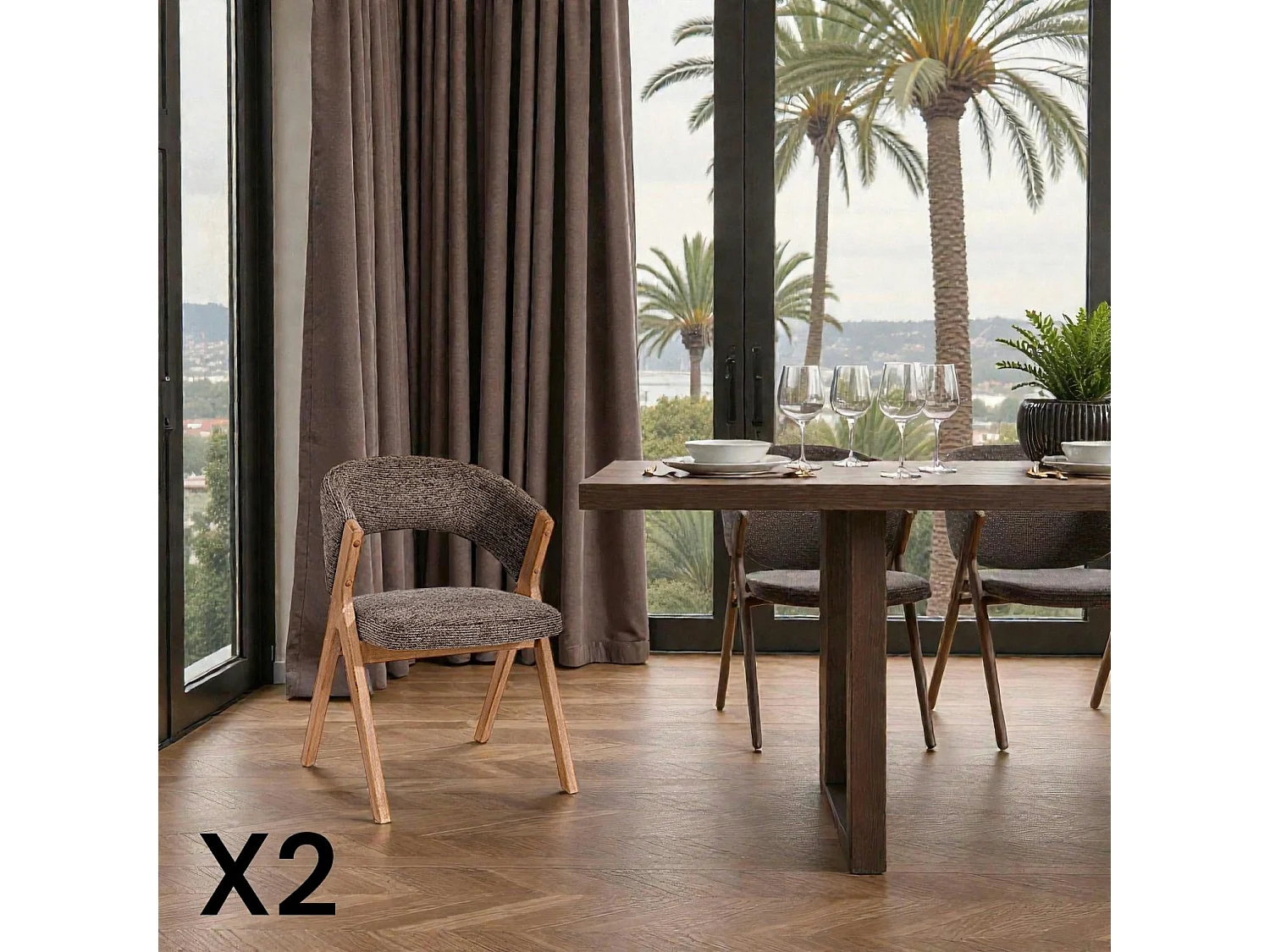 Chaise marron bois et tissu, forme ronde (lot de 2) AGADE