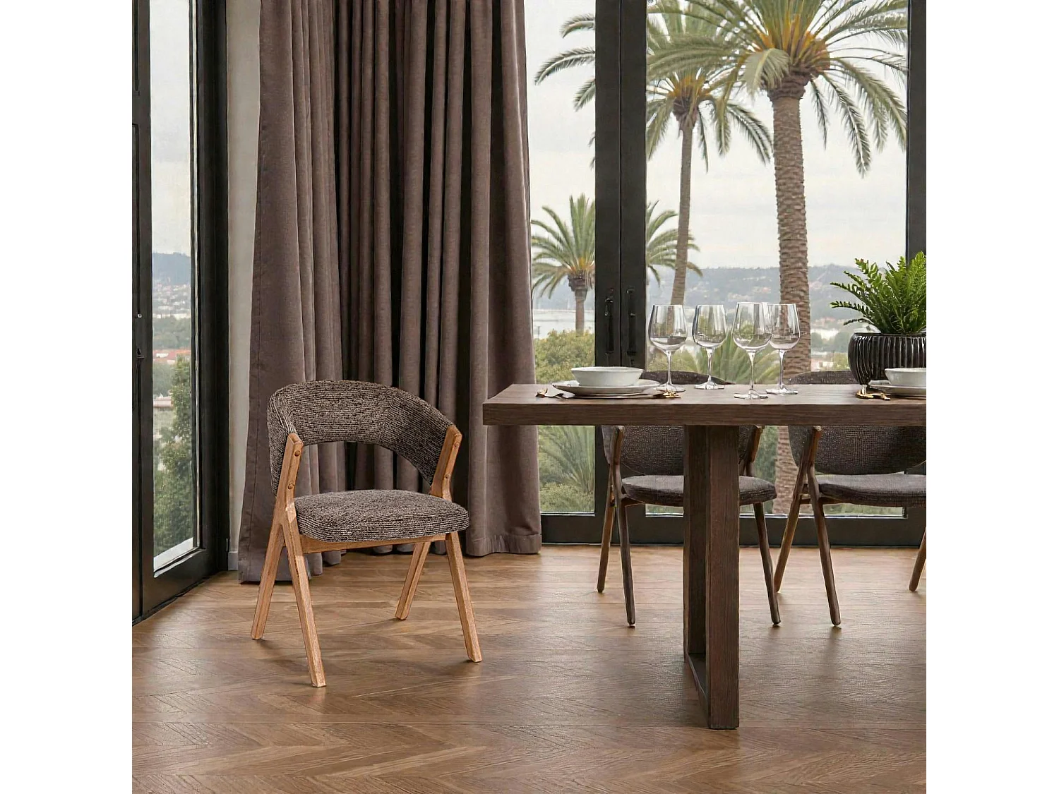 Chaise marron bois et tissu, forme ronde (lot de 2) AGADE