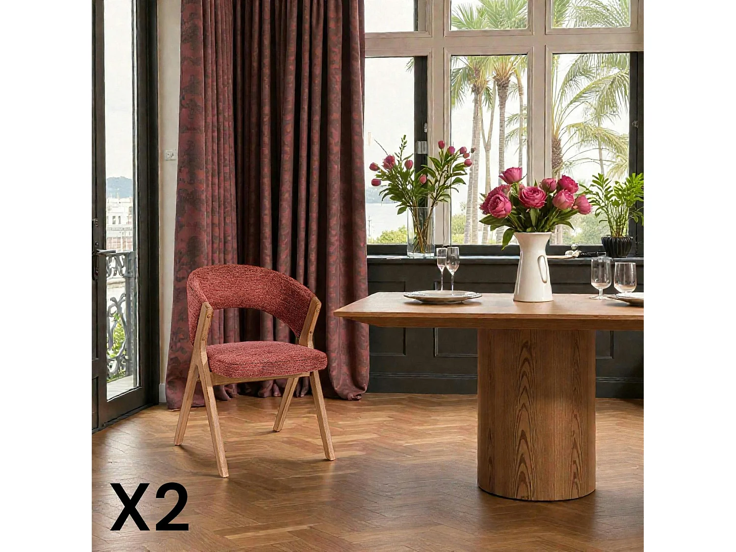 Chaise rouge bois et tissu, forme ronde (lot de 2) AGADE