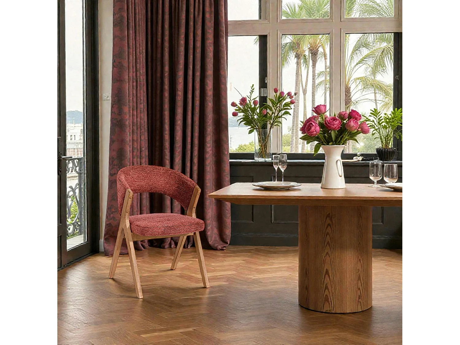 Chaise rouge bois et tissu, forme ronde (lot de 2) AGADE