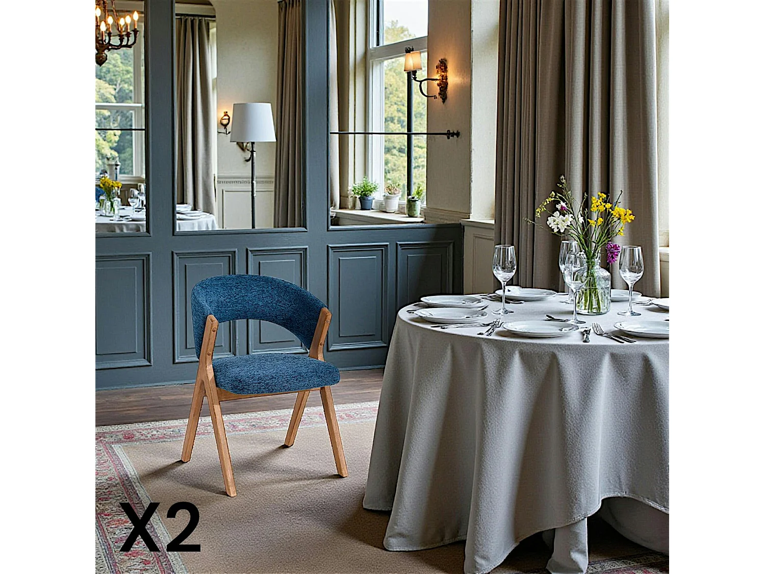 Chaise bleue bois et tissu, forme ronde (lot de 2) AGADE