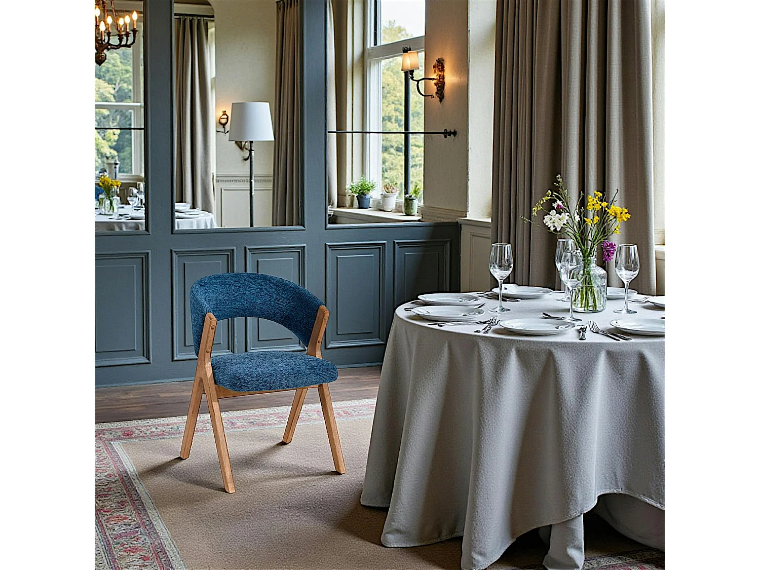 Chaise bleue bois et tissu, forme ronde (lot de 2) AGADE