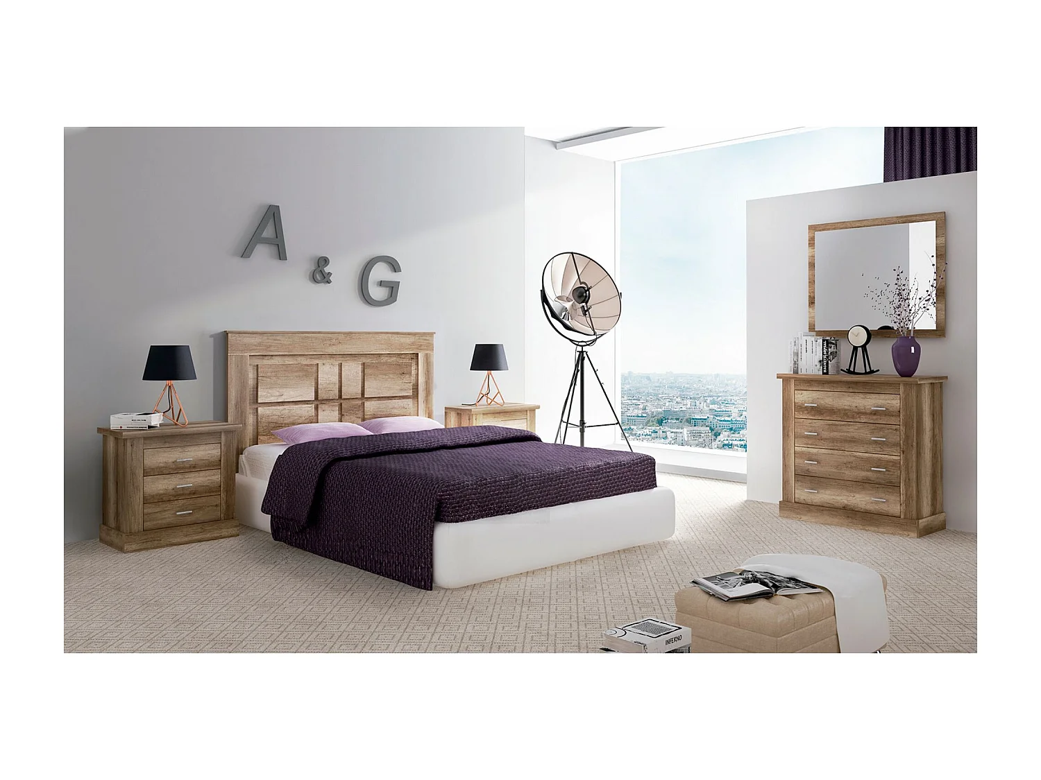 Pack de Dormitorio con Cabecero de 160 x 120 cm + 2 Mesitas de Noche + Cómoda |  Color Cañón (para Cama de 135-140 o 160)