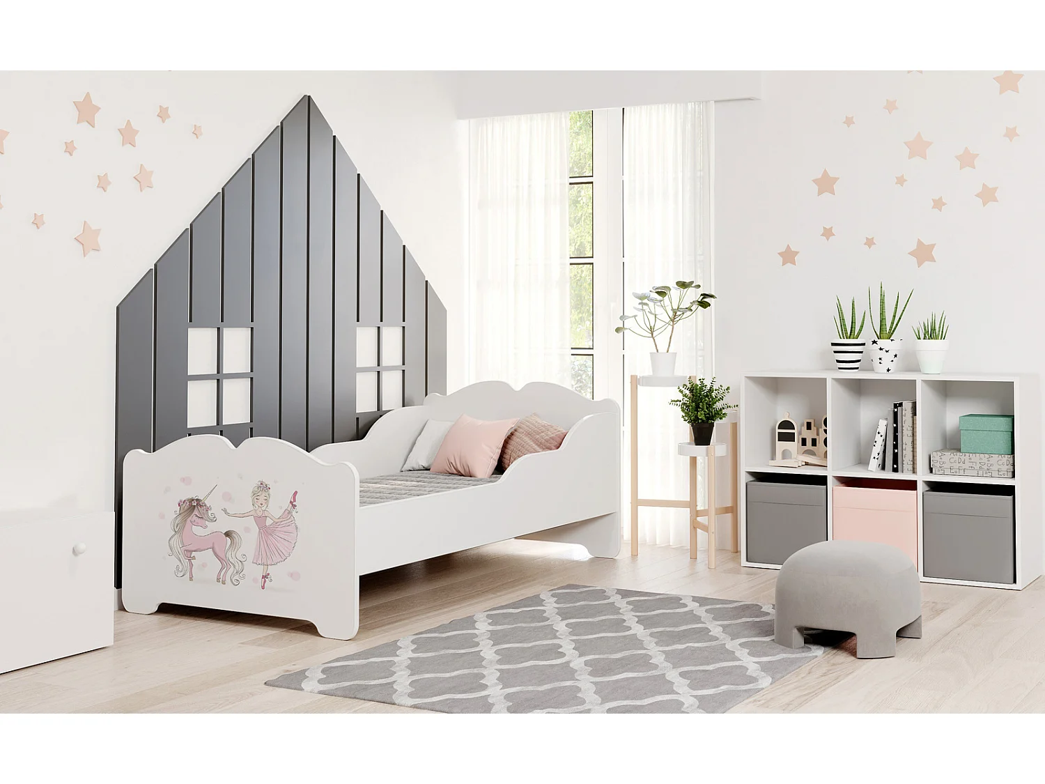 Cama Infantil Blanca 160x80 cm Dibujo Niña con Unicornio con Barreras Laterales y Colchón – Estructura Segura y Moderna, Fácil Montaje