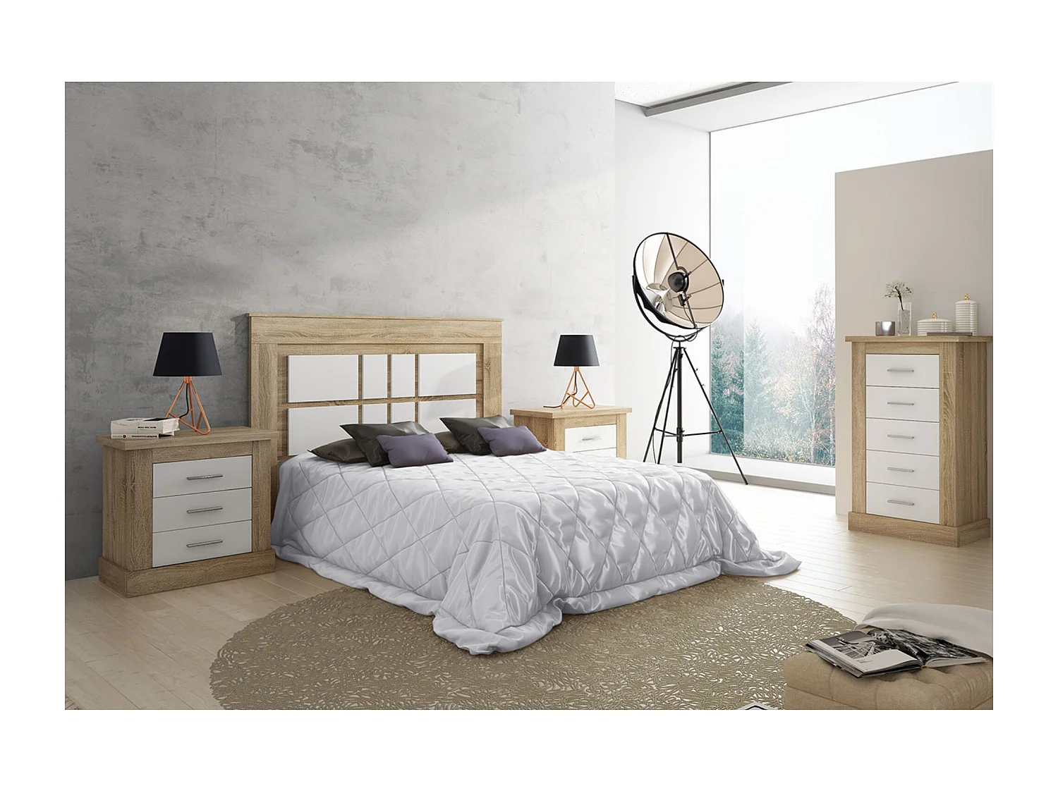 Pack de Dormitorio con Cabecero de 160 x 120 cm + 2 Mesitas de Noche + Sinfonier |  Color Cambria y Blanco (para Cama de 135-140 o 160)