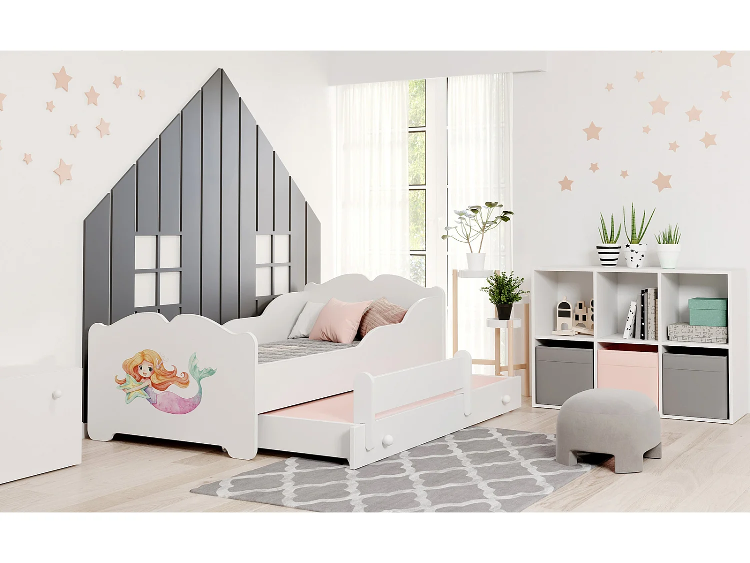 Cama Nido Infantil 160x80 cm con Cama Inferior 145x80 Con Dibujo Sirena – Estructura Robusta con 2 Colchones Incluidos, Ideal para Dormitorio Juvenil