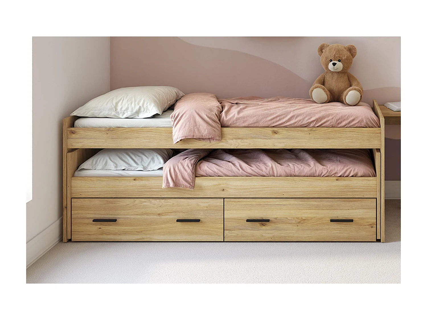 Cama Nido Juvenil Doble con Cajones de Almacenaje – Mauvella y Negro, 202,6 cm Largo x 98 cm Ancho x 72 cm Alto, Primera Calidad y Alta Resistencia.