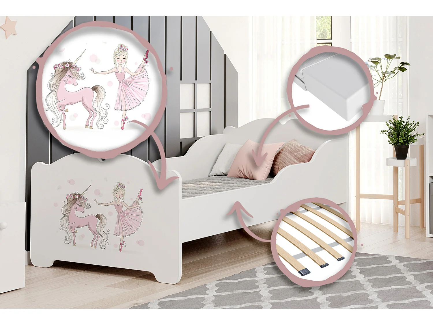 Cama Infantil Blanca 140x70 cm Dibujo Niña con Unicornio con Barreras Laterales y Colchón – Estructura Segura y Moderna, Fácil Montaje