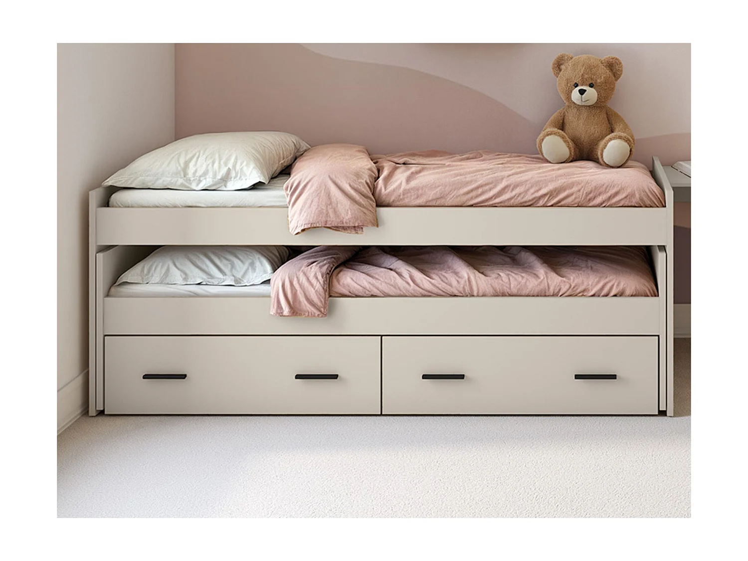 Cama Nido Juvenil Doble con Cajones de Almacenaje – Beige y Negro, 202,6 cm Largo x 98 cm Ancho x 72 cm Alto, Primera Calidad y Alta Resistencia.