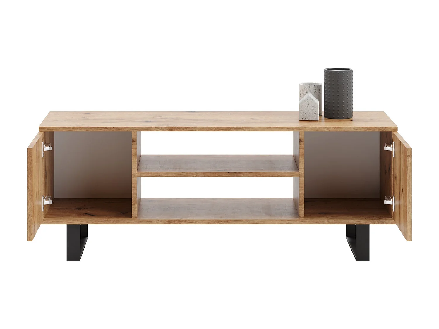 Mueble de TV 135 cm Color Roble artesanal Con Laminas– Estilo Escandinavo con Estante Central, Armarios con Cerradura y Patas Metálicas, 135x40x49 Cm