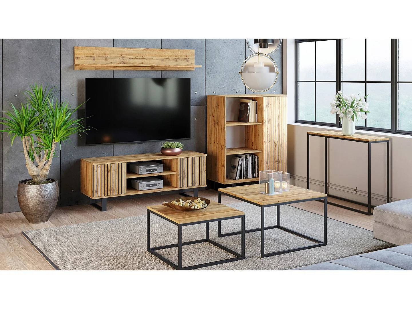 Mueble de TV 135 cm Color Roble artesanal Con Laminas– Estilo Escandinavo con Estante Central, Armarios con Cerradura y Patas Metálicas, 135x40x49 Cm