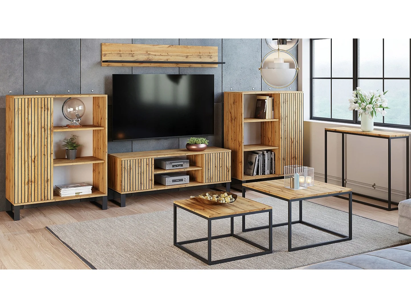 Mueble de TV 135 cm Color Roble artesanal Con Laminas– Estilo Escandinavo con Estante Central, Armarios con Cerradura y Patas Metálicas, 135x40x49 Cm