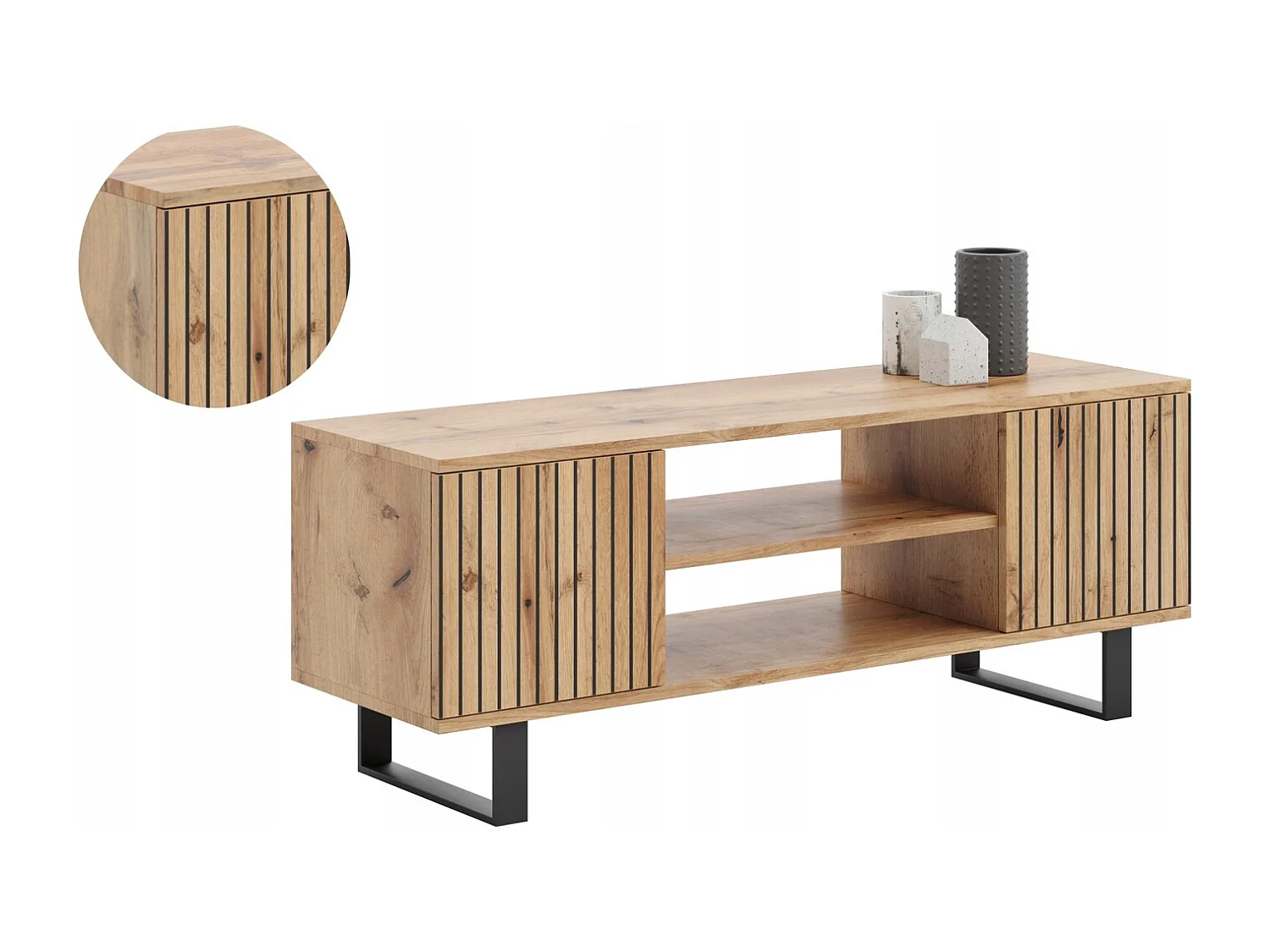 Mueble de TV 135 cm Color Roble artesanal Con Laminas– Estilo Escandinavo con Estante Central, Armarios con Cerradura y Patas Metálicas, 135x40x49 Cm