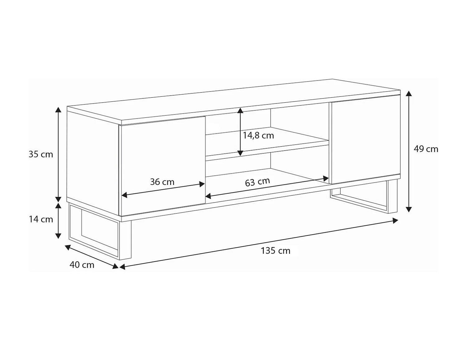 Mueble de TV 135 cm Color Roble artesanal Con Laminas– Estilo Escandinavo con Estante Central, Armarios con Cerradura y Patas Metálicas, 135x40x49 Cm