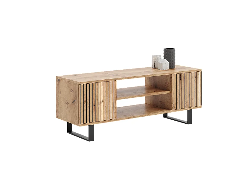 Mueble de TV 135 cm Color Roble artesanal Con Laminas– Estilo Escandinavo con Estante Central, Armarios con Cerradura y Patas Metálicas, 135x40x49 Cm